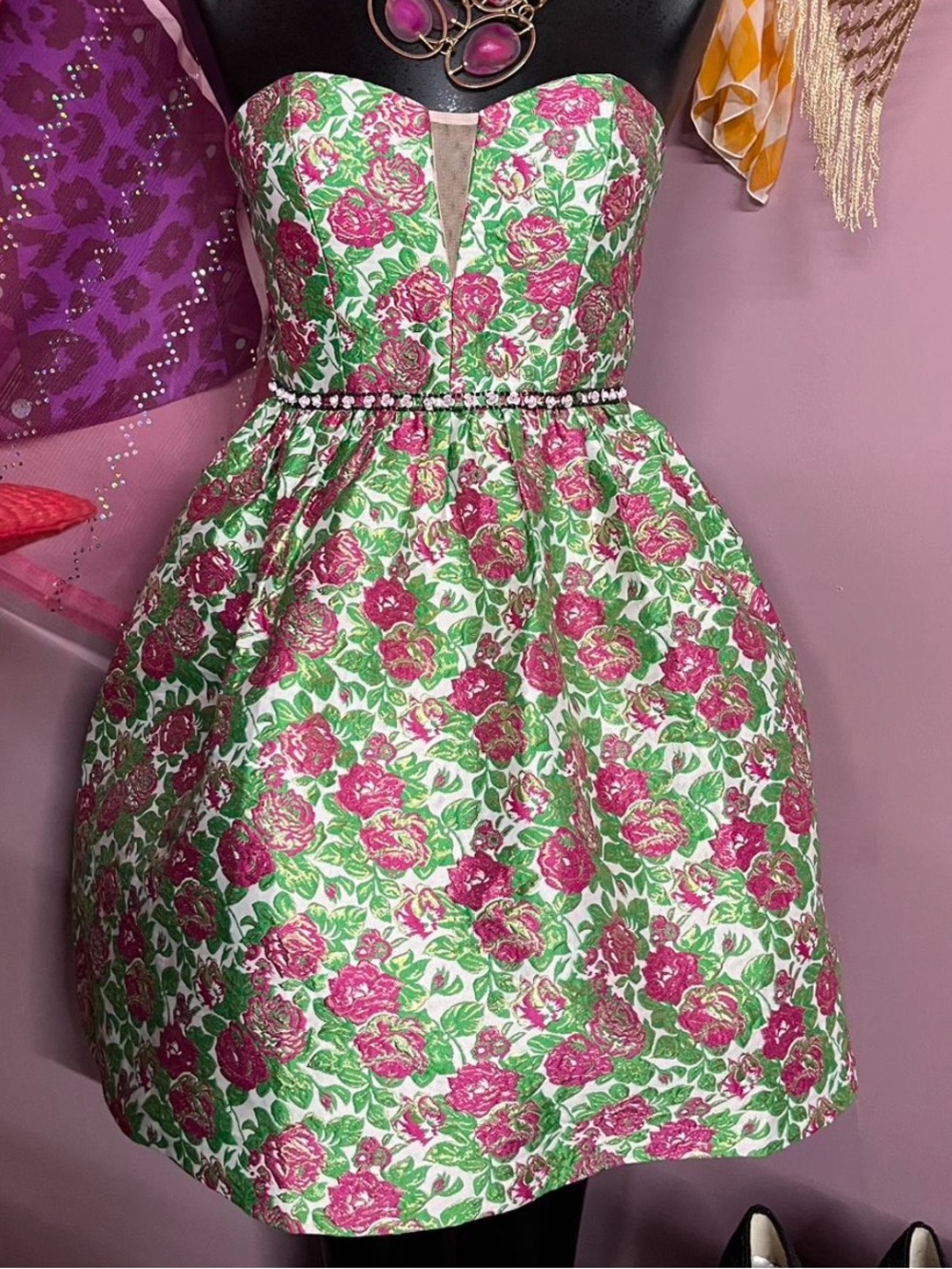 Minuet Petite Strapless Floral Party Dress in Pink & Green